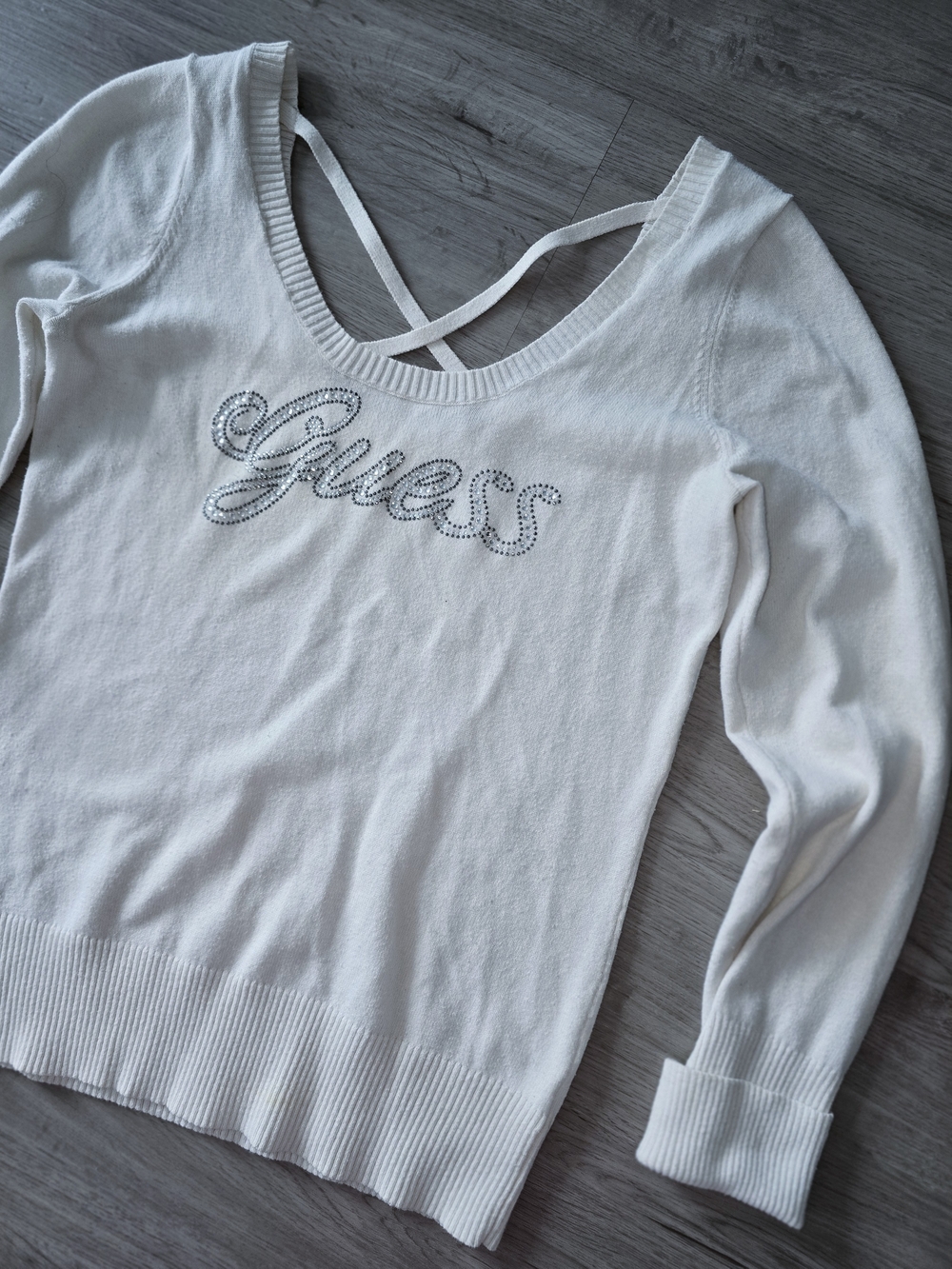 GUESS White Rhinestone Criss-Cross Back Cotton Sweater